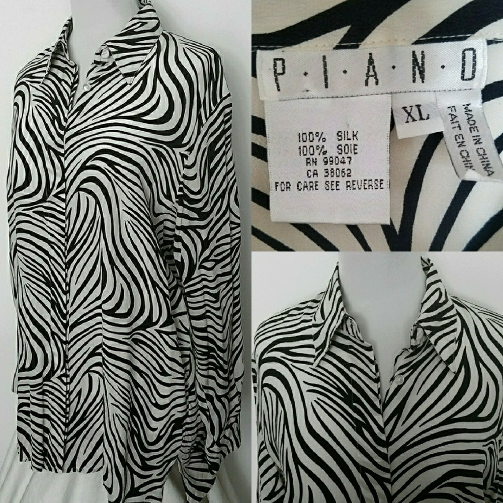 P.I.A.N.O XL 100% silk zebra button down blouse